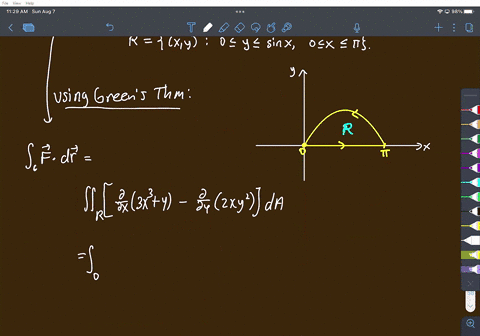 use-green-s-theorem-to-evaluate-the-following-line-integral-assume-the-curve-oriented-counterclockwise-the-circulation-line-integral-of-f-zxy7-3x-where-c-is-the-boundary-of-xy-0-y-s-sinx-0-x-39398