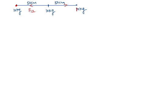 three-objects-each-with-a-mass-of-100-kg-are-placed-in-a-straight-line-500-cm-apart-what-is-the-net-gravitational-force-on-the-center-object-due-to-the-other-two-33836