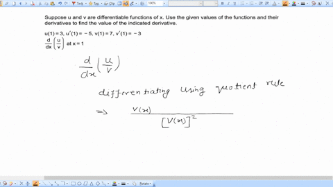 suppose-u-and-v-are-differentiable-functions-of-x-use-the-given-values-of-the-functions-and-their-derivatives-to-find-the-value-of-the-indicated-derivativve_-u1-3u1-5v1-7v1-3-44-atx1-oa-26-0-01514