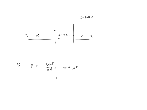 the-two-wires-shown-in-the-figure-below-are-separated-by-d-108-cm-and-carry-currents-of-505-a-in-opposite-directions_-a-find-the-magnitude-and-direction-of-the-net-magnetic-field-at-point-mi-98093