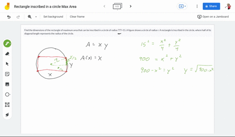 find-the-dimensions-of-the-rectangle-of-maximum-area-that-can-be-inscribed-in-a-circle-of-radius-r15-a-figure-shows-a-circle-of-radius-r-a-rectangle-is-inscribed-in-the-circle-where-half-of-its-diagon