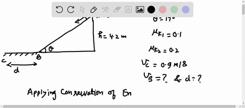 a-block-of-mass-m-is-initially-at-rest-at-the-top-of-an-inclined-plane-which-has-a-height-of-42-m-and-makes-an-angle-17-with-respect-to-the-horizontal-after-sliding-down-the-ramp-the-brick-i-20466
