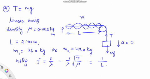 in-the-arrangement-shown-below_-object-can-be-hung-from-string-with-lincar-mass-density-0002-00-kgm-that-passes-over-light-pulley-the-string-connected-to-vlbrator-of-constant-frequency-and-t-77465