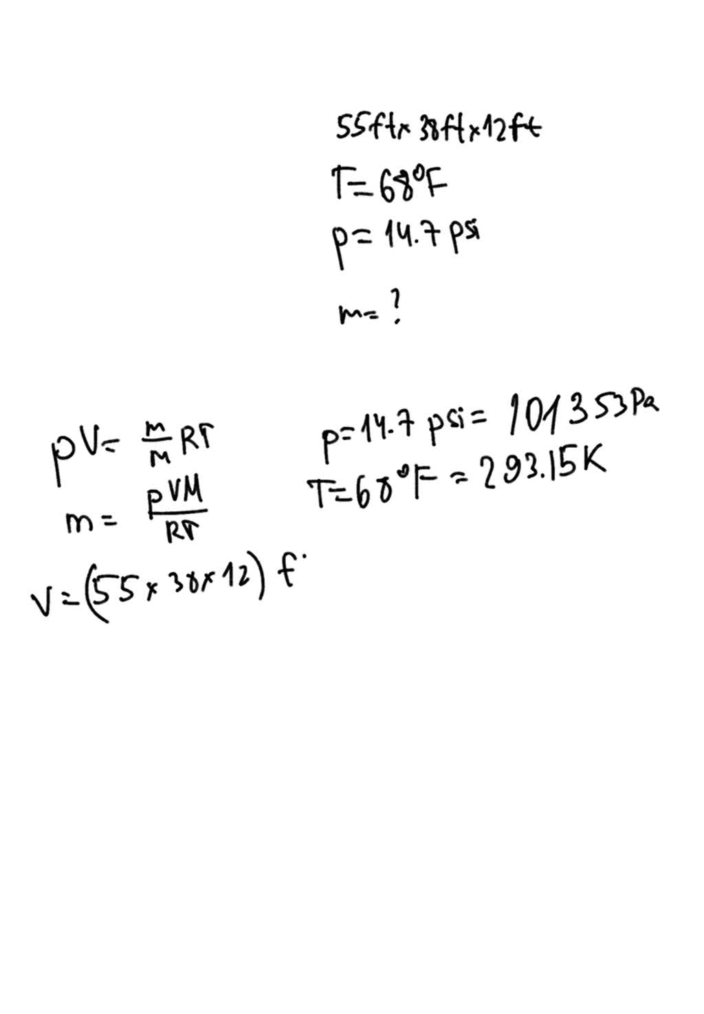 SOLVED: What mass of air is contained in room 55 ft x 38 ft x 12 ft at ...