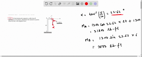 a-bent-strain-pole-supports-a-cable-force-f-inclined-at-a-512-slope-determine-the-moment-at-points-b-and-a-due-to-the-applied-force