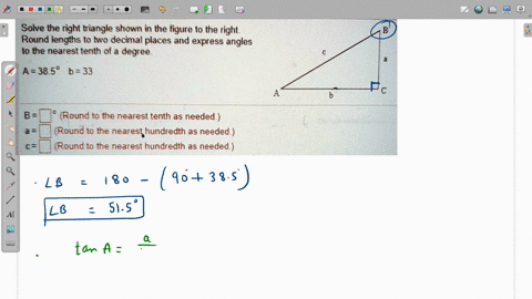 solve-the-right-triangle-shown-in-the-figure-to-the-right-round-lengths-to-two-decimal-places-and-express-angles-to-the-nearest-tenth-of-a-degree-a3858-b-33-b-round-to-the-nearest-tenth-as-n-56439