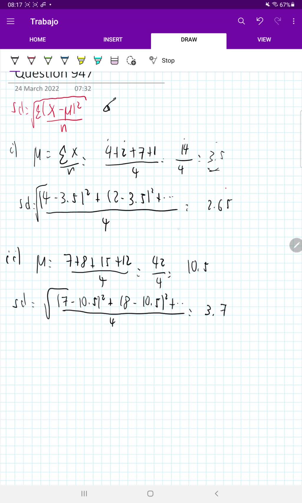 SOLVED Calculate the standard deviation for this set of numbers 7, 5