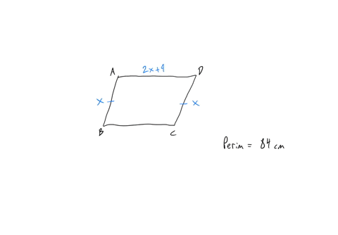 the-perimeter-of-parallelogram-abcd-is-84-cm-ad-is-9-cm-more-than-twice-ab-find-the-lengths-of-all-four-sides-of-abcdab-cmad-cmbc-cmcd-cm-77377