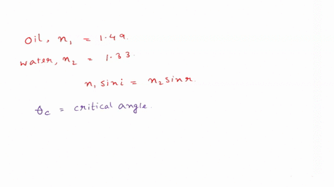 suppose-a-layer-of-oil-with-n-149-coats-the-surface-of-the-water-what-is-the-critical-angle-for-total-internal-reflection-for-light-traveling-in-the-oil-layer-and-encountering-the-oil-water-45612