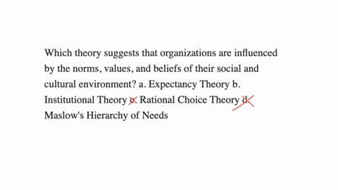 which-theory-suggests-that-organizations-are-influenced-by-the-norms-values-and-beliefs-of-their-social-and-cultural-environment-a-expectancy-theory-b-institutional-theory-c-rational-choice-theory-d-m