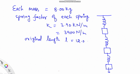 constants-three-identical-800-kg-masses-are-hung-by-three-identical-springs-as-shown-in-the-figure-each-spring-has-a-force-constant-of-390-knm-and-was-120-cm-long-before-any-masses-were-atta-23306