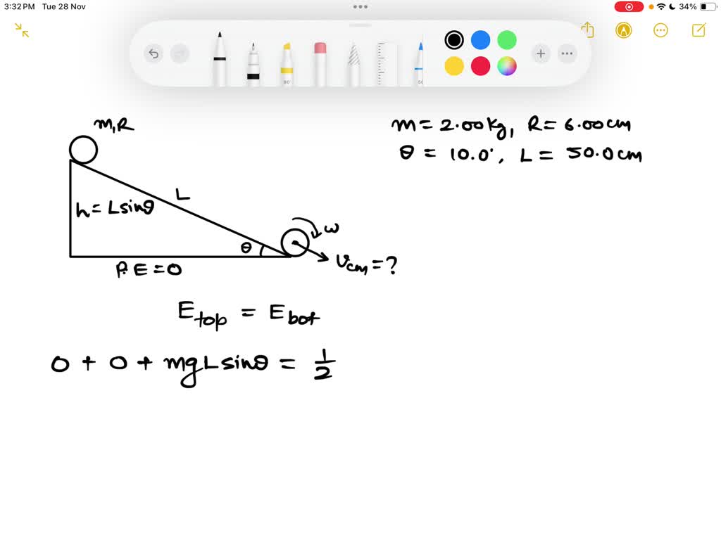 A 2.00 kg hollow sphere of radius 6.00 cm starts from rest and rolls without slipping down a 10.