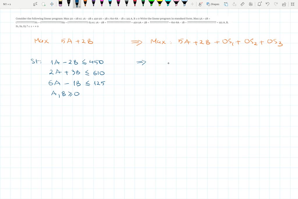 SOLVED: Consider the following linear program: Maximize: 5A + 2B ...