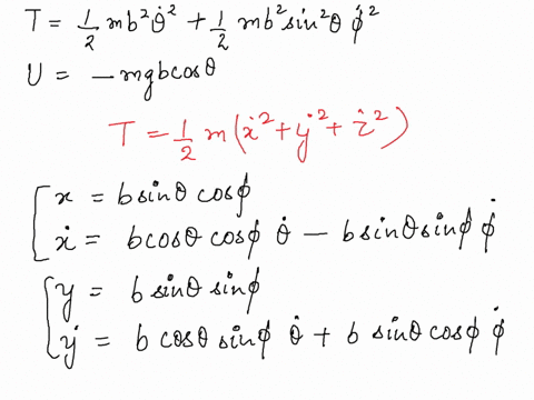 example-712-use-the-hamiltonian-method-to-find-the-equations-of-motion-for-spherical-pendulum-of-mass-m-and-length-see-figure-7-10-solution-the-generalized-coordinates-are-and-the-kinetic-en-47544