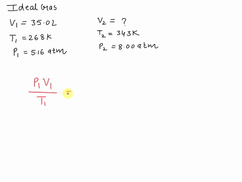 350-l-of-an-ideal-gas-at-268-k-and-516-atm-are-heated-to-343-k-with-a-new-pressure-of-800-atm-what-is-the-new-volume-in-l-04166