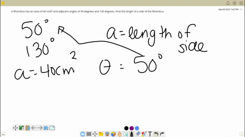 a-rhombus-has-an-area-of-40-cma2-and-adjacent-angles-of-50-degrees-and-130-degrees-find-the-length-of-a-side-of-the-rhombus