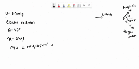 projectile-proton-with-speed-of-610-ms-collides-elastically-with-target-proton-initially-at-rest-the-protons-then-move-along-perpendicular-paths-with-the-projectile-path-at-470-from-the-orig-54234