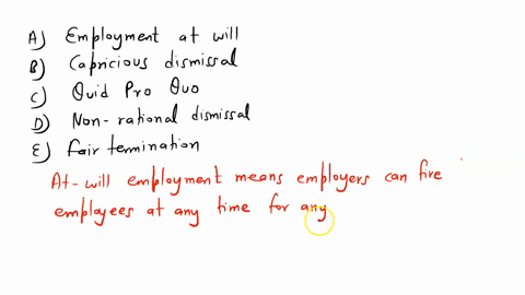 _____-means-that-anyone-can-be-dismissed-at-any-time-for-any-reason-at-all-or-for-no-reason-a-employment-at-will-b-capricious-dismissal-c-quid-pro-quo-d-nonrational-dismissal-e-fair-terminat-83647