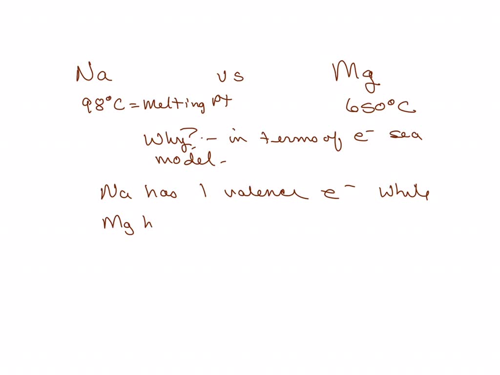 SOLVED Sodium melts at 98^∘C, and magnesium melts at 650^∘C . Account for the higher melting