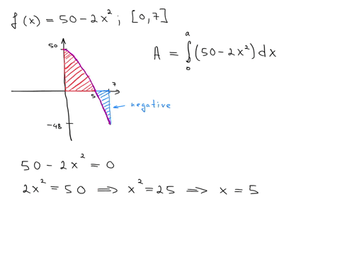 use-the-definite-integral-to-find-the-area-between-the-x-axis-and-fx-over-the-indicated-intervalcheck-first-to-see-if-the-graph-crosses-the-x-axis-in-the-given-interval-fx50-2x2-07-set-up-th-85055