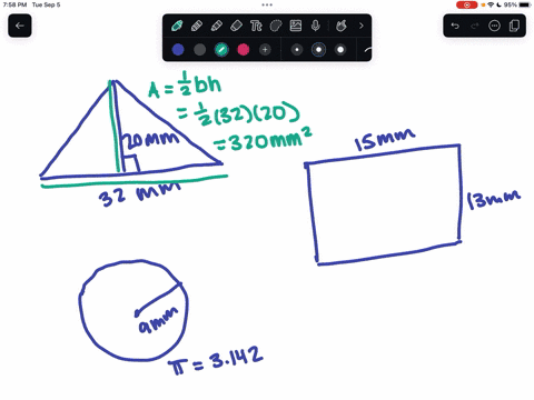 1-determine-the-area-ofthe-three-shapes-use-the-given-formulae-for-the-calculations-11-area-ibh-20mm-32mm-15-mm-13-area-lx-b-9mm-arca-nr2-where-3142-1-31269