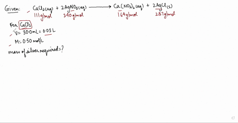 cacl2aq-2-agno3aq-cano32aq-2-agcls-the-mass-of-silver-chloride-will-precipitate-when-300-ml-of-050-moll-calcium-chloride-cacl2aq-react-completely-with-silver-nitrate-solution-is-_______-g