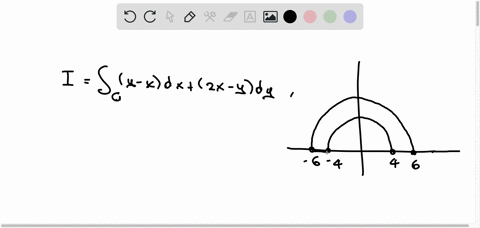 use-greens-theorem-to-evaluate-the-integral-y-x-dx-2x-y-dy-c-for-the-given-path-c-boundary-of-the-region-lying-inside-the-semicircle-y-36-x2-and-outside-the-semicircle-y-16-x2-10423