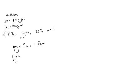 a-cube-of-side-length-130-cm-and-made-of-unknown-material-floats-at-the-surface-between-water-and-oil-the-oil-has-a-density-of-810-kgm3-a-if-the-cube-floats-so-that-it-is-71-in-the-water-and-38256