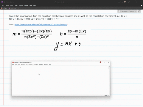 given-the-information-find-the-equation-for-the-least-squares-line-as-well-as-the-correlation-coefficient-n-8-x-40-y-48-xy-240-x2-210-y2-288-y-r-19881