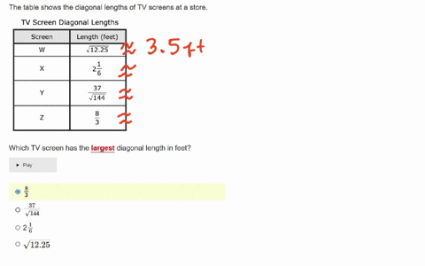 the-table-shows-the-diagonal-lengths-of-tv-screens-at-a-store-tv-screen-diagonal-lengths-begintabularcc-hline-screen-length-feet-hline-w-sqrt1225-hline-x-2-frac16-hline-y-frac37sqrt144-hline-z-frac8-2