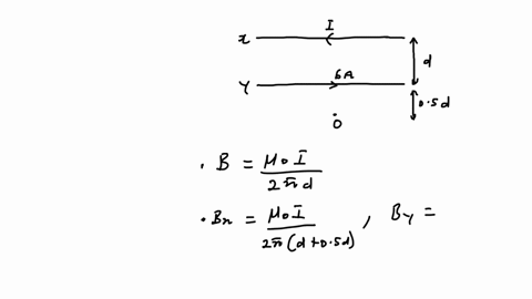 two-long-straight-parallel-wires-separated-by-a-distance-d-carrycurrents-inopposite-directions-as-shown-in-the-figure-the-bottom-wire-carries-a-current-of-6-a-point-o-is-a-dis-tance-05dbelow-the-6a-wi