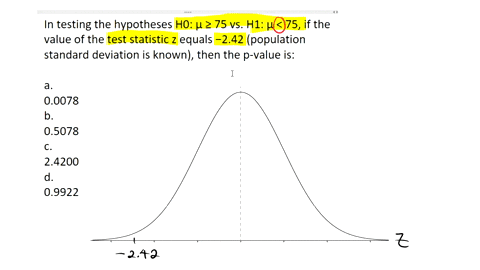 in-testing-the-hypotheses-h0-75-vs-h1-75-if-the-value-of-the-test-statistic-z-equals-242-population-standard-deviation-is-known-then-the-p-value-is-a-00078-b-05078-c-24200-d-09922-55651