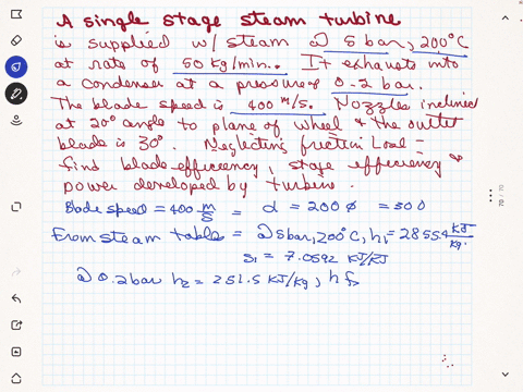 a-single-steam-turbine-is-supplied-with-steam-at-5-bar-200c-at-the-rate-of-50-kgmin-it-exhausts-into-a-condenser-at-a-pressure-of-02-bar-the-blade-speed-is-400-ms-the-nozzles-are-inclined-at-an-angl-2