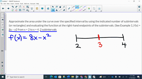 approximate-the-area-under-the-curve-over-the-specified-interval-by-using-the-indicated-number-of-subintervals-or-rectangles-and-evaluating-the-function-at-the-right-hand-endpoints-of-the-su-23762