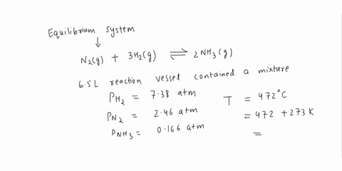 consider-the-equilibrium-system-described-by-the-chemical-reaction-below-at-equilibrium-a-65-l-reaction-vessel-contained-a-mixture-of-738-atm-h2-246-atm-n2-and-0166-atm-nh3-at-472-c-what-are-82684
