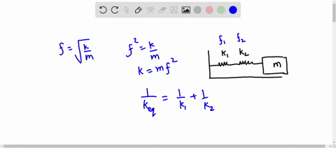 u-a-block-on-a-frictionless-tahle-is-connected-a5-shown-below-to-two-springs-having-spring-constants-k-and-kz-find-an-expression-for-the-blocks-oscillation-frequency-f-in-terms-of-the-freque-80921