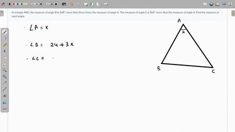 in-triangle-abc-the-measure-of-angle-b-is-24-more-than-three-times-the-measure-of-angle-a-the-measure-of-angle-c-is-51-more-than-the-measure-of-angle-a-find-the-measure-of-each-angle-66556
