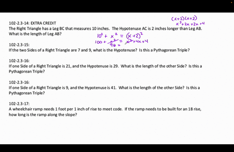 102-23-14-extra-credit-the-right-triangle-has-leg-bc-that-measures-10-inches_-the-hypotenuse-ac-is-2-inches-longer-than-leg-ab_-what-is-the-length-of-leg-ab-102-23-15-ifthe-two-sides-of-righ-96037