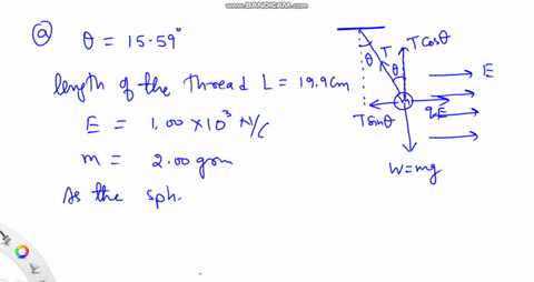 a-a-sphere-is-attached-to-a-thread-of-length-l-199-cm-and-suspended-from-the-ceiling-as-shown-in-the-figure-a-uniform-electric-field-points-to-the-right-in-the-figure-when-0-1559-the-sphere-97757