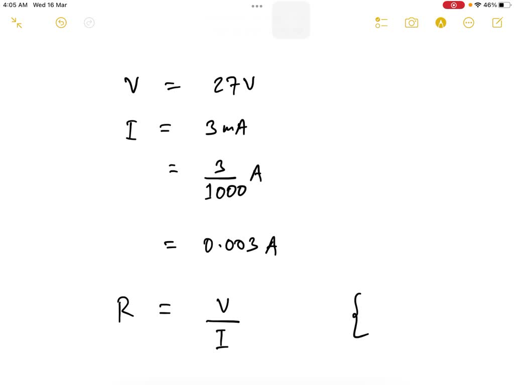 SOLVED: With a voltage of 27.0 V and a current of 3.00 mA, what would ...