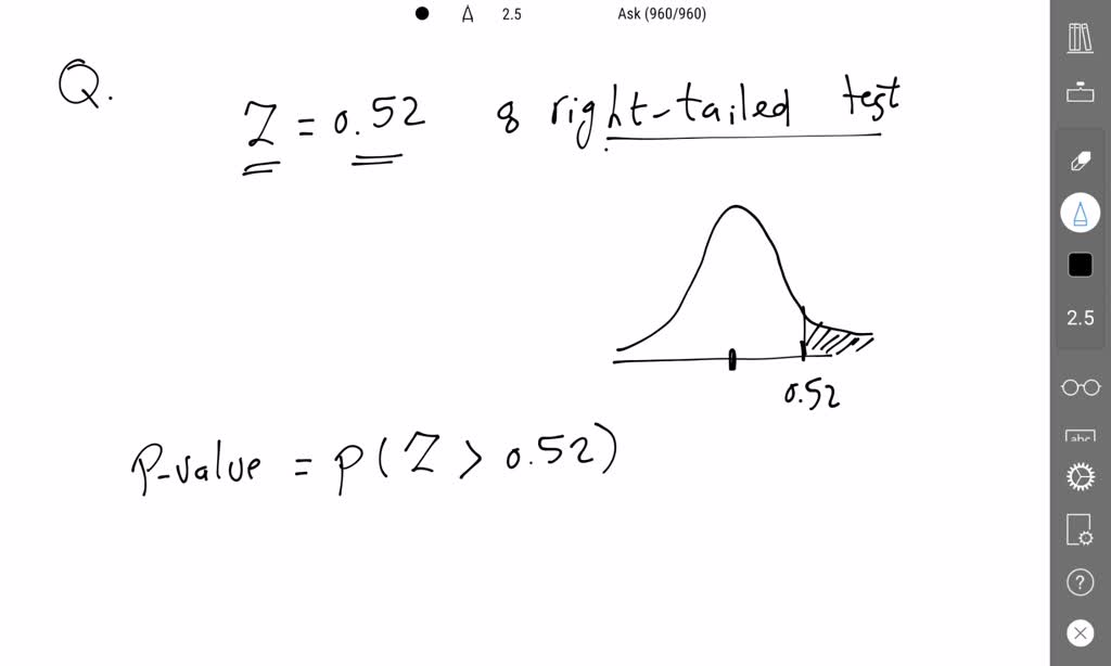 SOLVED: The test statistic in a right-tailed test is 2 = 0.52 Use this ...