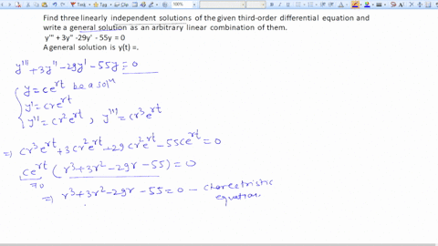 find-three-linearly-independent-solutions-of-the-given-third-order-differential-equation-and-write-a-general-solution-as-an-arbitrary-linear-combination-of-them-y-3y-29y-55y-0-a-general-solu-14075