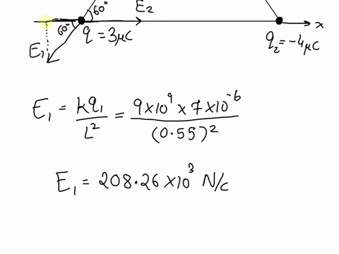 three-charged-particles-are-at-the-corners-of-an-equilateral-triangle-as-shown-in-the-figure-below-let-q-300-c-and-l-0550-m-a-calculate-the-electric-field-at-the-position-of-charge-q-due-to-the-700-c-
