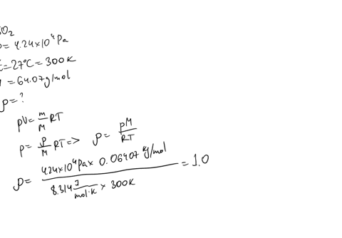a-system-of-sulfur-dioxide-so2-gas-has-a-pressure-of-424-104-pa-and-a-temperature-of-27c-the-molar-mass-of-so2-is-6407-gmol-treat-this-as-an-ideal-gas-a-calculate-the-density-of-the-gas-in-k-38045