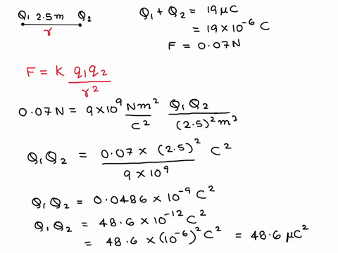 two-point-charges-q1-and-qz-are-25-m-apart-and-their-total-charge-is-19pc-if-the-force-of-repulsion-between-them-is-007-n-what-are-magnitudes-of-the-two-charges-by-following-the-steps-below-36571