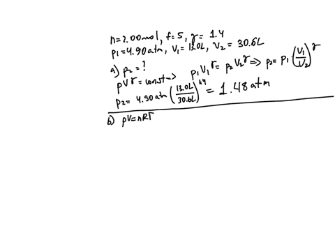 a-200-mol-sample-of-a-diatomic-ideal-gas-expands-slowly-and-adiabatically-from-pressure-of-490-atm-and-volume-of-130-l-to-final-volume-of-306-l-a-what-is-the-final-pressure-of-the-gas-53105-81347