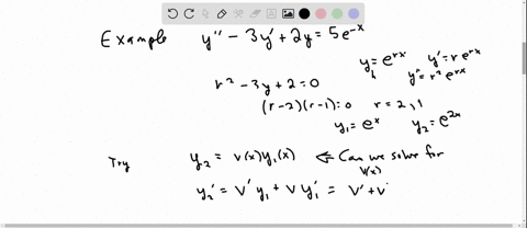 consider-the-differential-equation-y-00-3y-0-2y-5e-x-i-verify-that-y1x-e-x-is-a-solution-of-the-homogeneous-equation-ii-assume-a-second-solution-is-y2x-vxy1x-find-the-second-solution-y2x-iii-find-a-pa