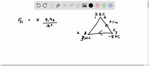 on-an-equilateral-triangle-of-side-lengths-10-cm-charge-q1-20-c-is-on-the-top-q2-30-c-is-on-the-bottom-left-and-q3-80-c-is-on-the-bottom-right-calculate-the-magnitude-of-the-force-acting-on-35433