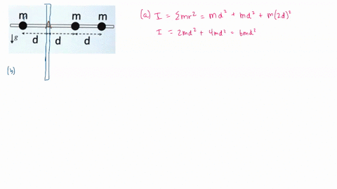 a-rigid-rod-with-negligible-mass-has-frictionless-axis-perpendicular-to-the-page-three-m-point-masses-each-of-mass-m-are-attached-t0-rod-as-shown-gravity-acts-downward-in-the-diagram-ig-d-m-16118