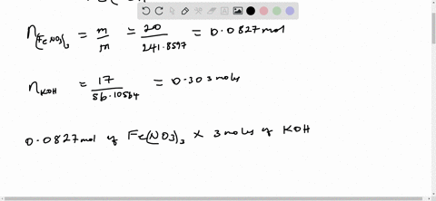 how-much-excess-reactant-is-left-over-when-170-g-of-potassium-hydroxide-koh-reacts-with-200-g-of-iron-iii-nitrate-feno33-30119